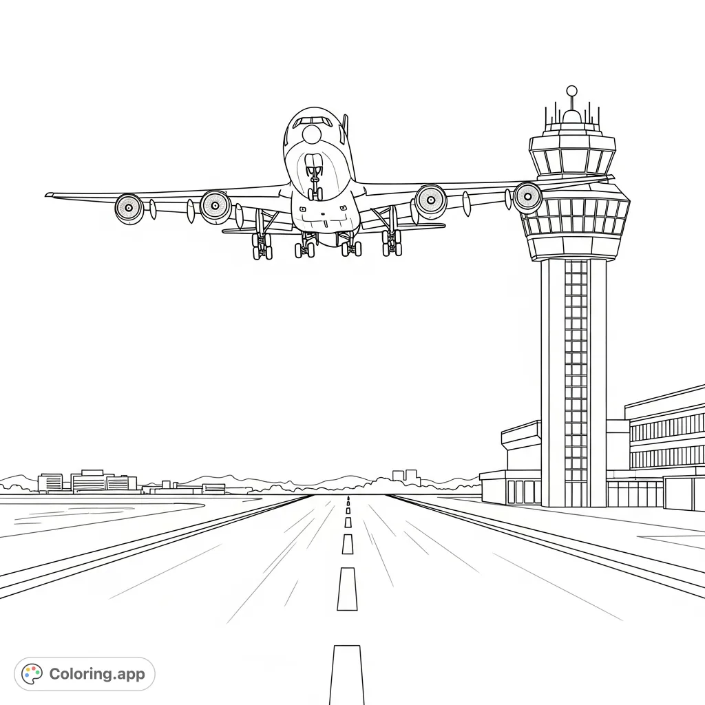 A detailed plane landing at a busy airport, featuring a prominent control tower. Perfect for aviation enthusiasts and those who love travel-themed coloring pages.