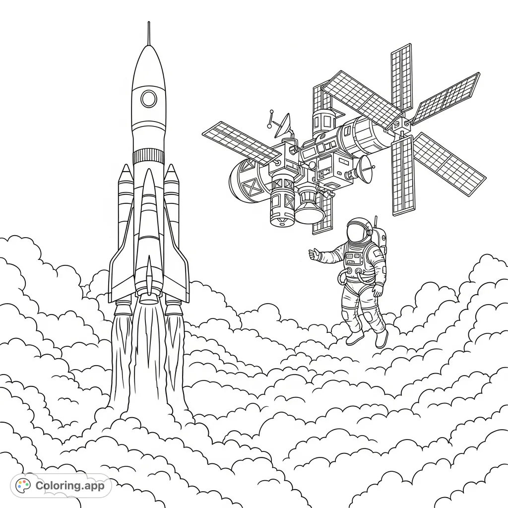 An exciting rocket launch scene featuring a powerful rocket ascending through clouds towards a detailed space station, with an astronaut nearby. Perfect for space enthusiasts!