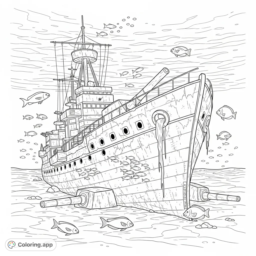 Explore a captivating sunken warship coloring page, where a grand vessel rests on the seabed, surrounded by schools of fish. A fascinating underwater adventure awaits!