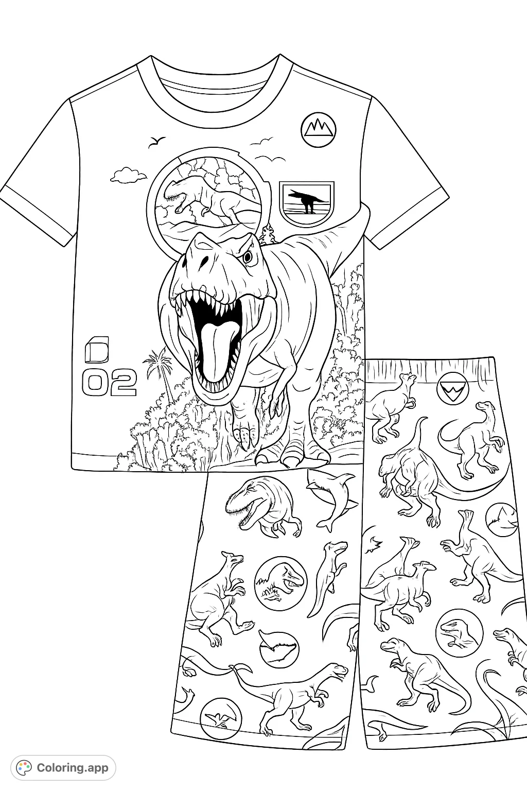 Unleash your creativity with this thrilling T-Rex coloring page! Features a roaring dinosaur in a lush jungle, perfect for dinosaur enthusiasts.