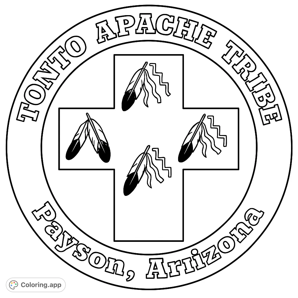 A detailed Tonto Apache Tribe emblem coloring page featuring a central cross, feather designs, stepped patterns, and tribal text.