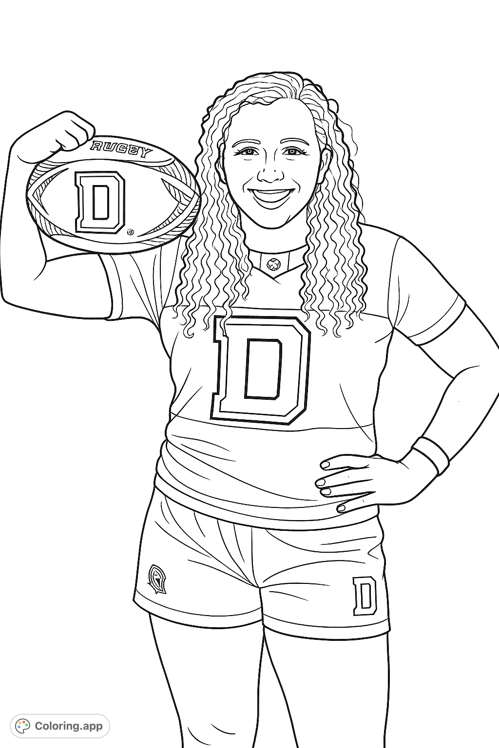 A cheerful woman in an athletic uniform holds a rugby ball, ready for action. Perfect for sports enthusiasts and aspiring athletes.