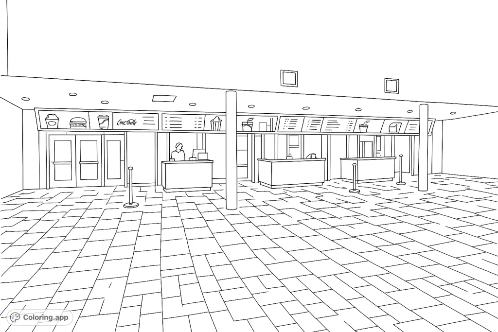 Step into a detailed movie theater concession area, featuring multiple service counters, digital menu boards, and a textured floor. A fun challenge for all ages.