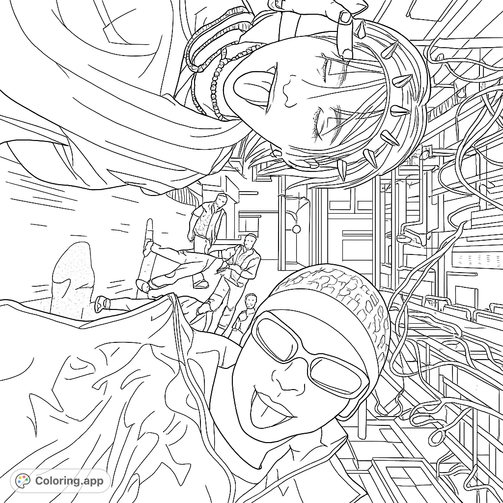 An edgy urban street style coloring page featuring two expressive figures in the foreground and a dynamic city background, perfect for fashion-forward colorists.