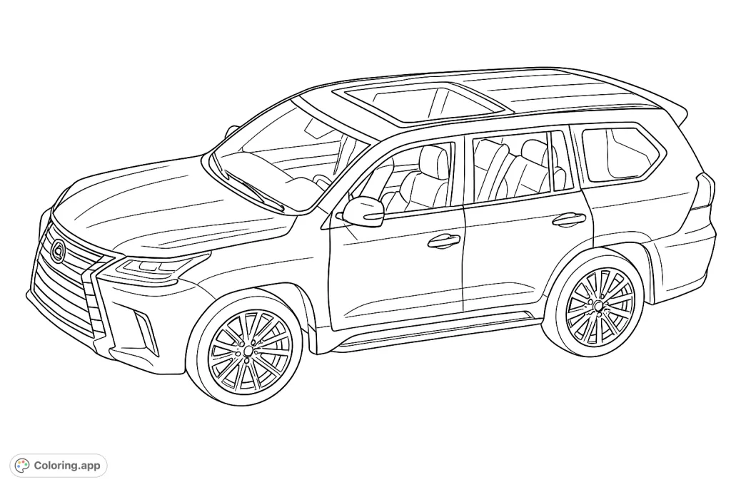 Color a detailed modern SUV, featuring a prominent grille, sunroof, and intricate wheels. Perfect for car enthusiasts and aspiring designers.