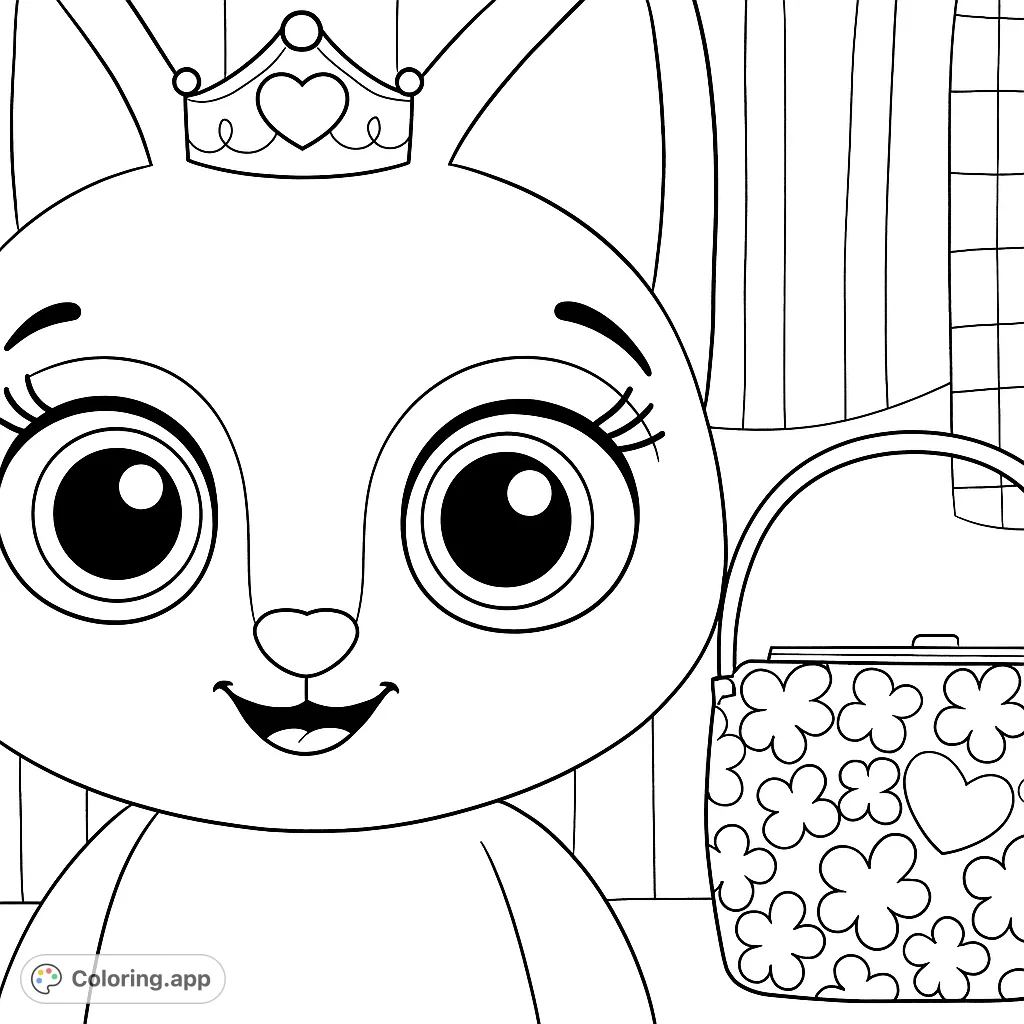 A charming fluffy princess character wearing a crown and holding a flower-decorated purse. Perfect for young artists to explore creativity and color.