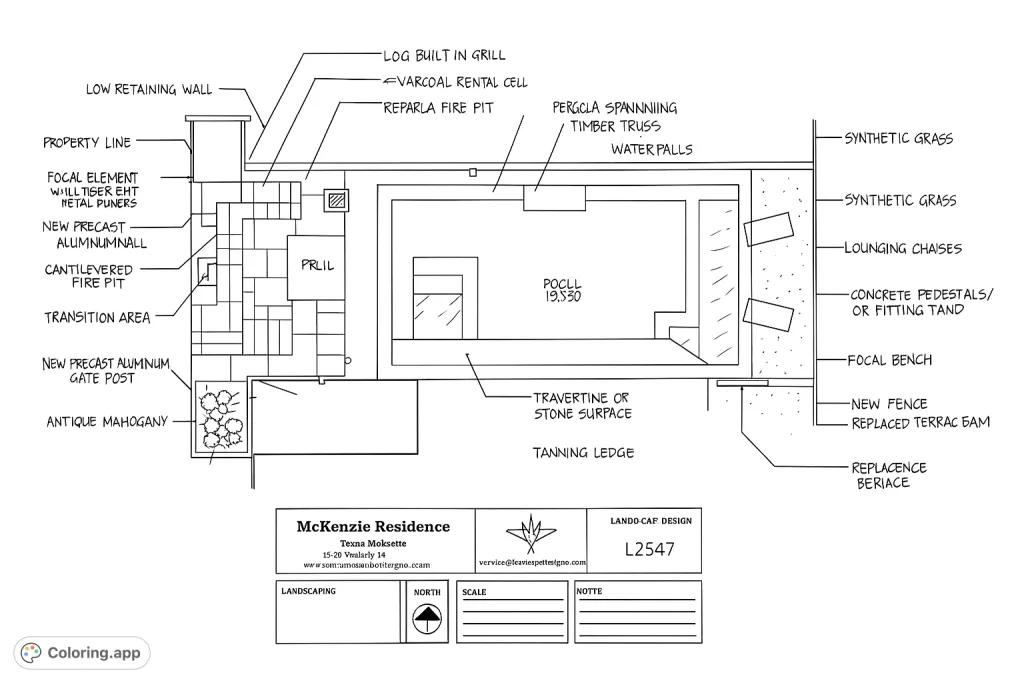 Explore a detailed backyard landscape design blueprint featuring a pool, outdoor kitchen, water features, and lounge areas. Perfect for design enthusiasts.
