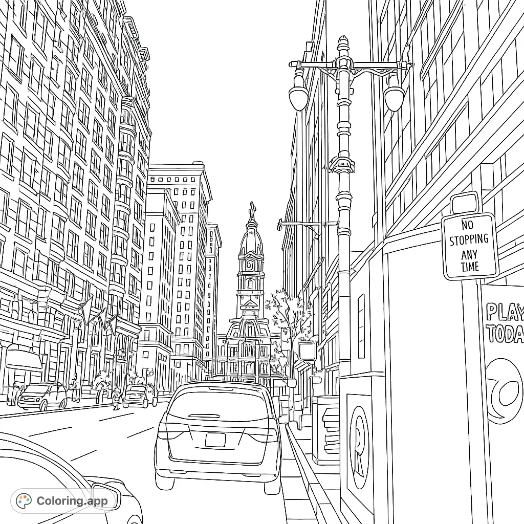 Explore a bustling city street leading to a grand historic building with a clock tower. Detailed architecture, vehicles, and street elements await your creative touch.