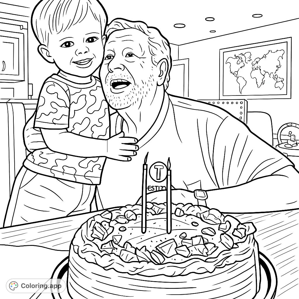 Capture a heartwarming moment of a grandchild hugging their grandpa at a birthday celebration with a delicious cake. Perfect for family-themed coloring fun!