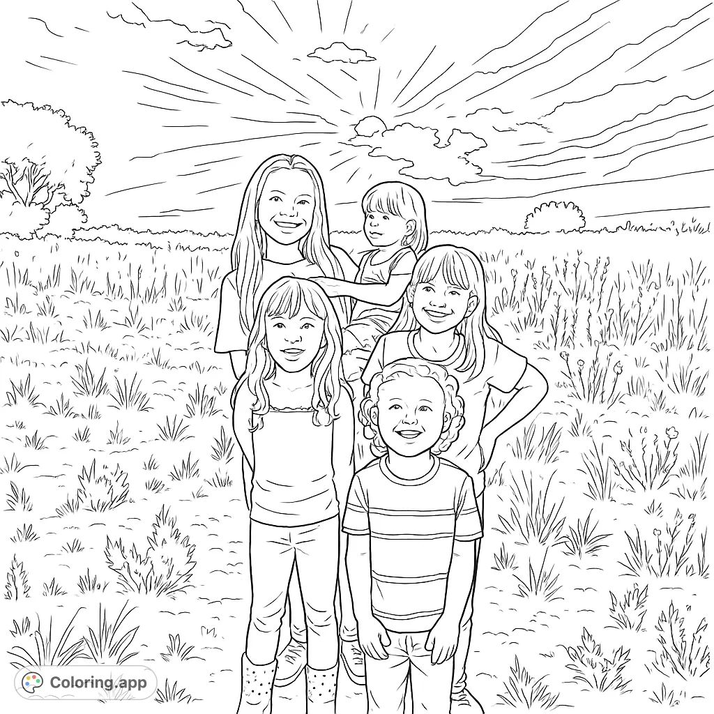 A heartwarming scene of five children posing together in a vast, grassy field under a dramatic sky. Perfect for capturing childhood memories and outdoor adventures.