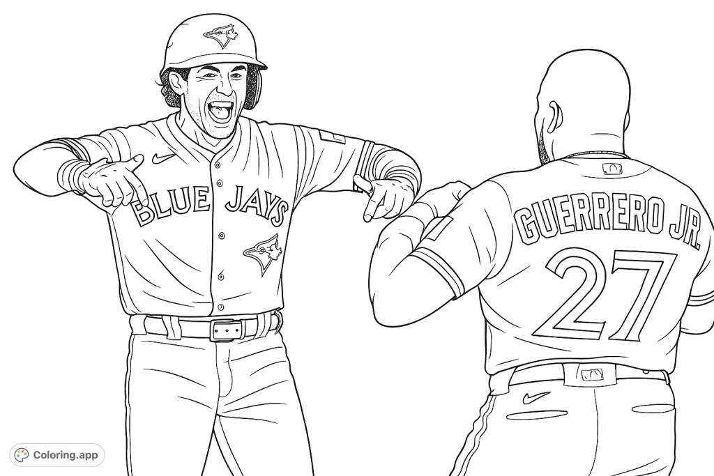 Capture the thrill of a baseball game with this dynamic coloring page featuring a player celebrating a big play, a teammate, and a stadium crowd.