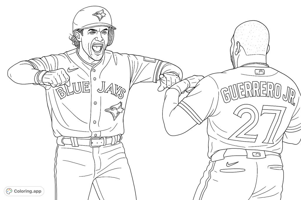 Capture the excitement of a baseball victory with two players celebrating on the field. Features detailed uniforms, a cheering crowd, and dynamic poses.