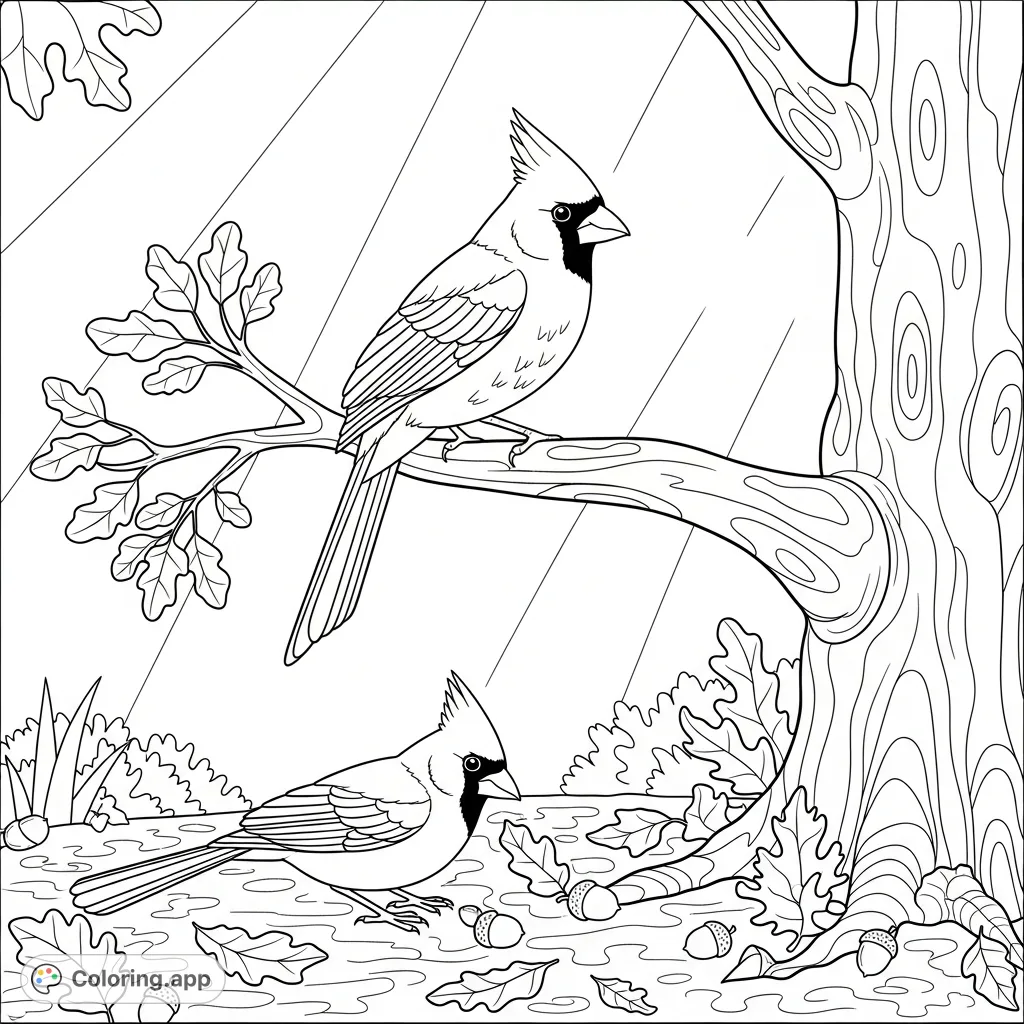 Discover a beautiful cardinal coloring page depicting a male cardinal perched on an oak branch above a foraging female amidst leaves and acorns. A delightful free printable coloring page for nature lovers.