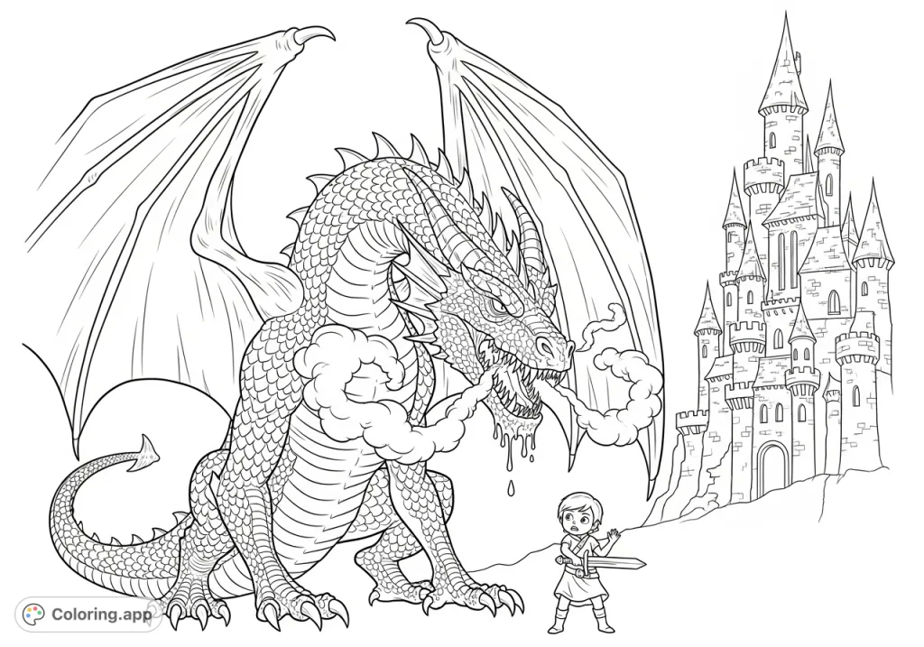 A terrifying fire-breathing dragon with dripping fangs confronts a brave child before a looming castle. A thrilling Halloween scene for coloring.