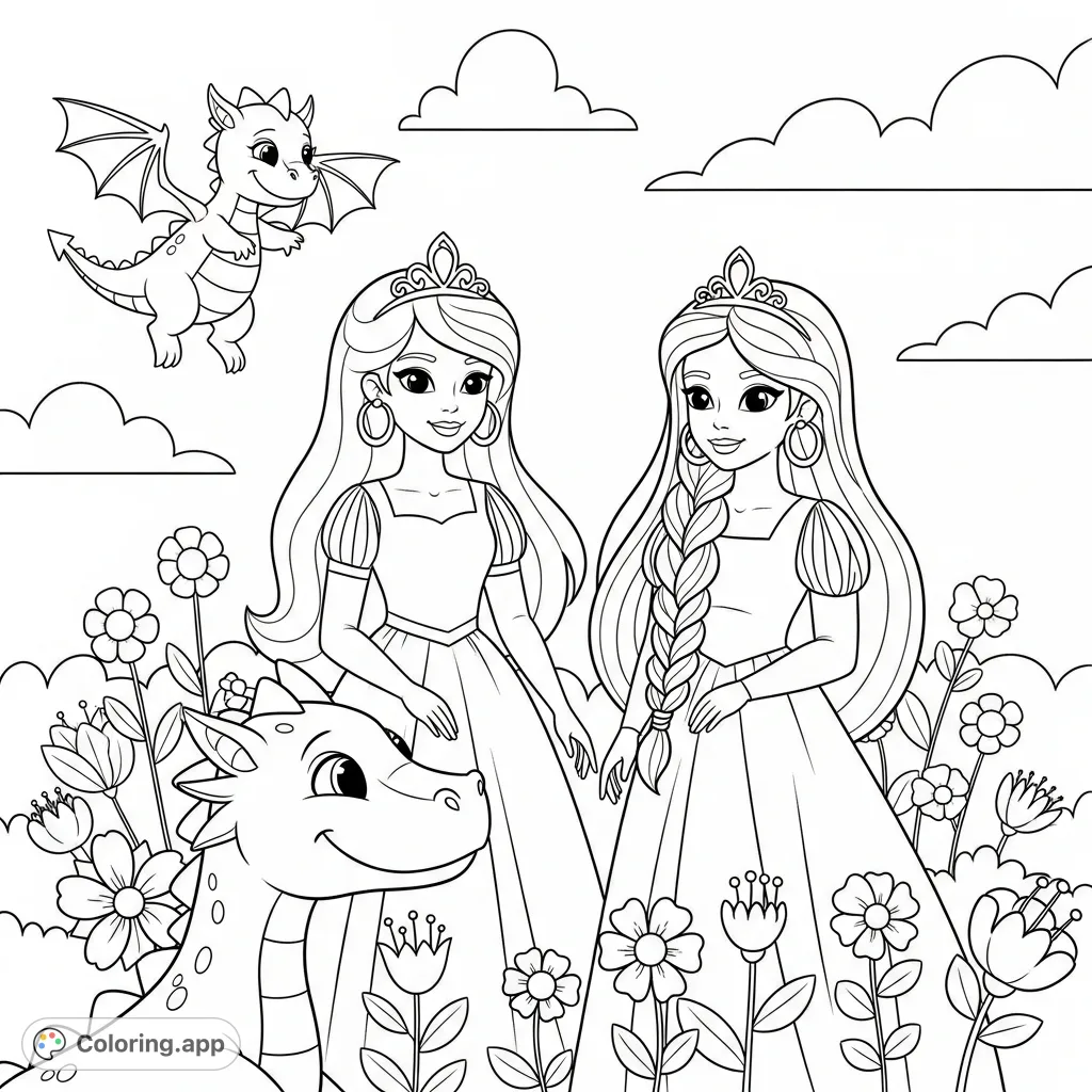 An enchanting princesses coloring page featuring two princesses in elegant dresses with tiaras and hoop earrings, a playful baby dragon, and a smiling mommy dragon in a floral garden.