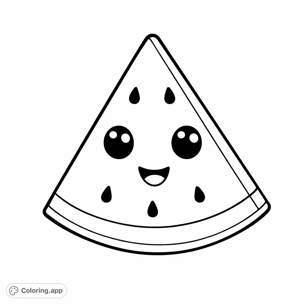 A charming cartoon watermelon slice featuring an adorable smiling face and scattered seeds, perfect for a fun and simple coloring activity.