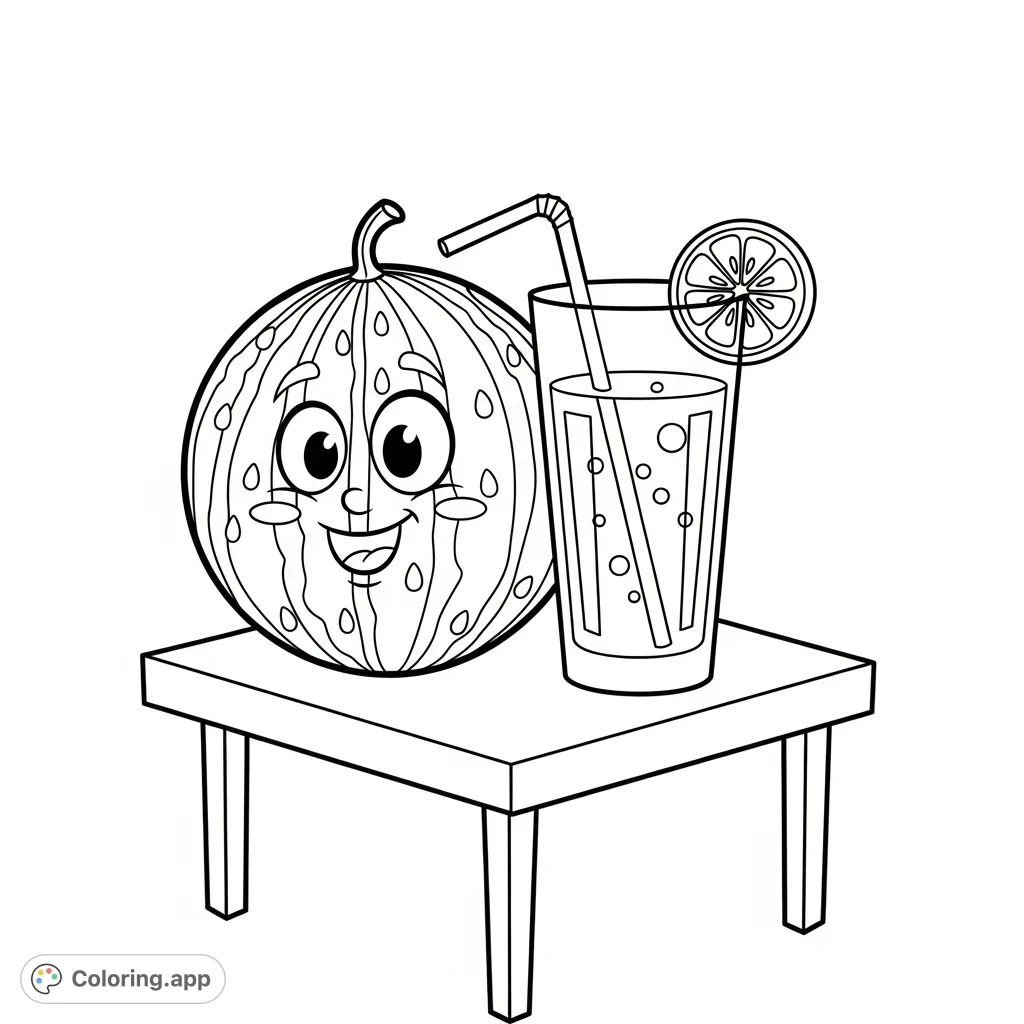 A delightful cartoon watermelon with a friendly face enjoys a glass of lemonade on a card table. A perfect summer-themed coloring page for all ages.