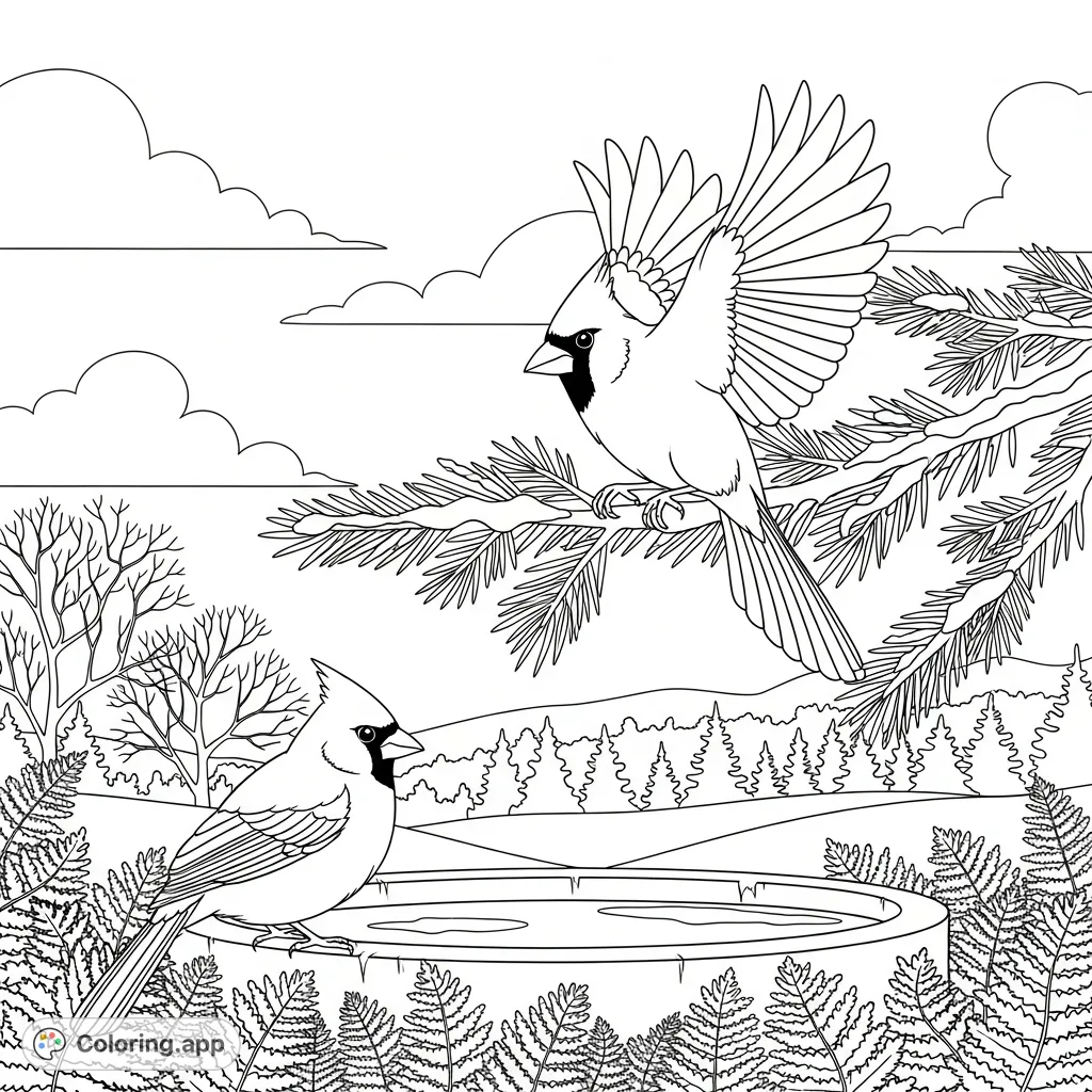 Two cardinals in a serene winter scene: a female perches on a bird bath edge, while a male flies towards a snow-dusted pine branch. A beautiful nature coloring page.