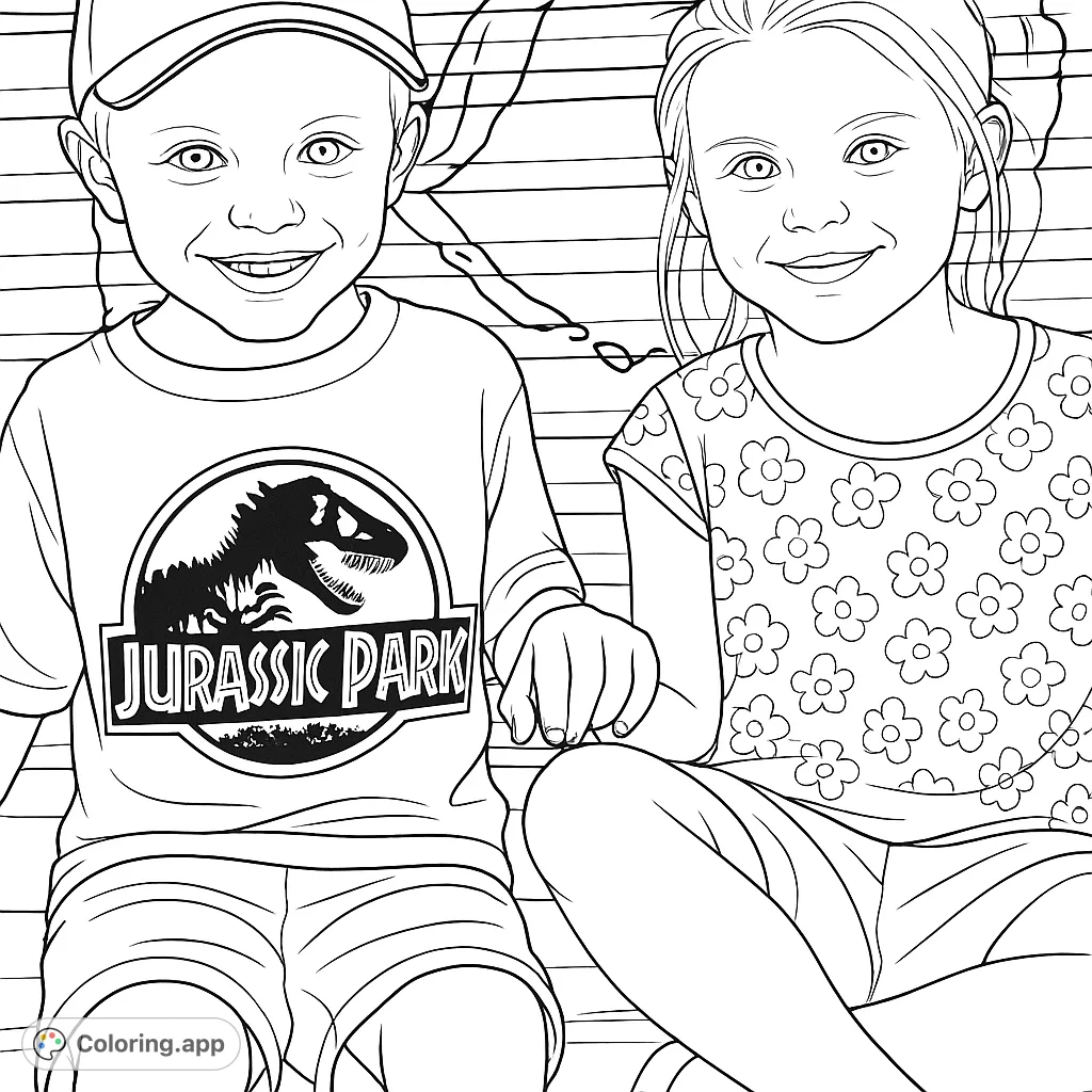 A delightful coloring page featuring two smiling children, one in a dinosaur shirt and the other in a floral top, against a textured, artistic background.