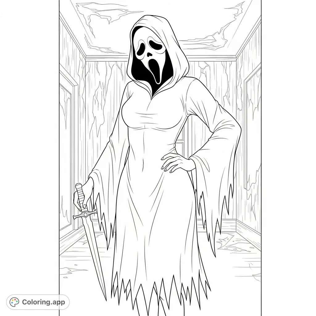 A captivating female Ghostface character in a dynamic pose, holding a blade in a shadowy hallway. Perfect for horror fans seeking a thrilling coloring experience.