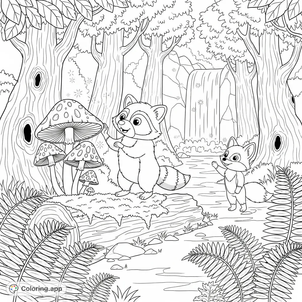 A cute cartoon raccoon and its fox friend explore an enchanted forest with glowing mushrooms, a shimmering waterfall, and luminous trees. A magical scene for coloring.