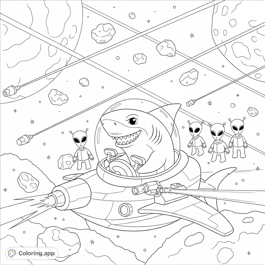 A thrilling space shark coloring page featuring a friendly shark in a spaceship, firing lasers amidst friendly aliens and space rocks. A fun, free printable coloring page for kids!
