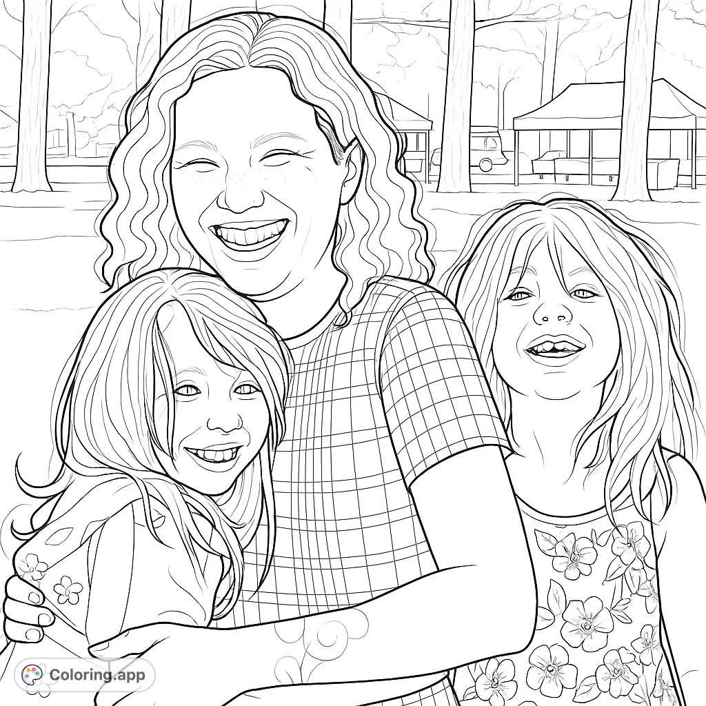 Capture a heartwarming moment with this family portrait coloring page. Features a joyful adult embracing two children in a lively park setting with trees and tents.