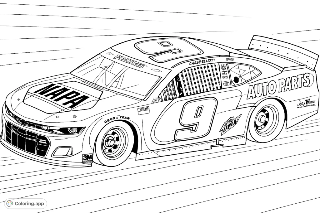 Experience the thrill of the race with this detailed stock car coloring page. Features a powerful vehicle with iconic number 9 and sponsor logos.