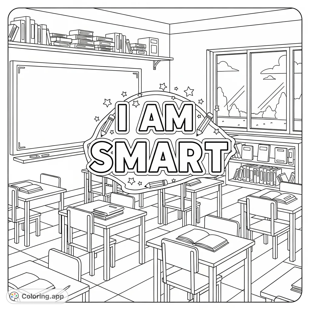 A cheerful classroom scene with books and the empowering message 'I AM SMART'. Perfect for young learners to color and feel inspired.