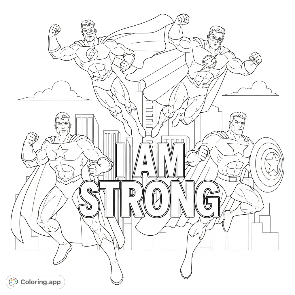 Empowering superhero coloring page featuring diverse heroes and the inspiring message 'I AM STRONG' amidst a dynamic cityscape. Perfect for young aspiring heroes!