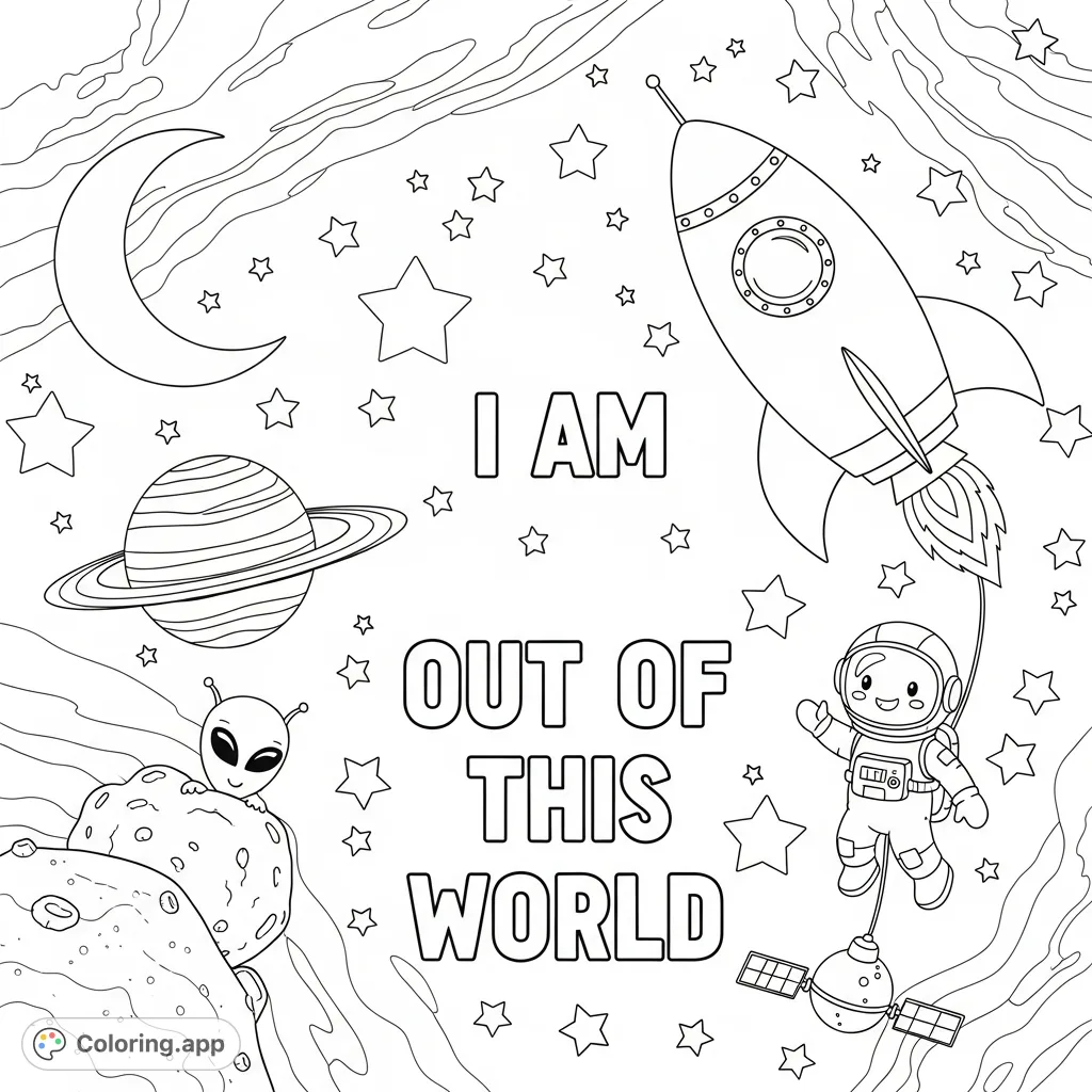 Explore a fun space coloring page with a friendly rocket, planets, stars, and an astronaut. Features "I AM OUT OF THIS WORLD" for an inspiring touch.