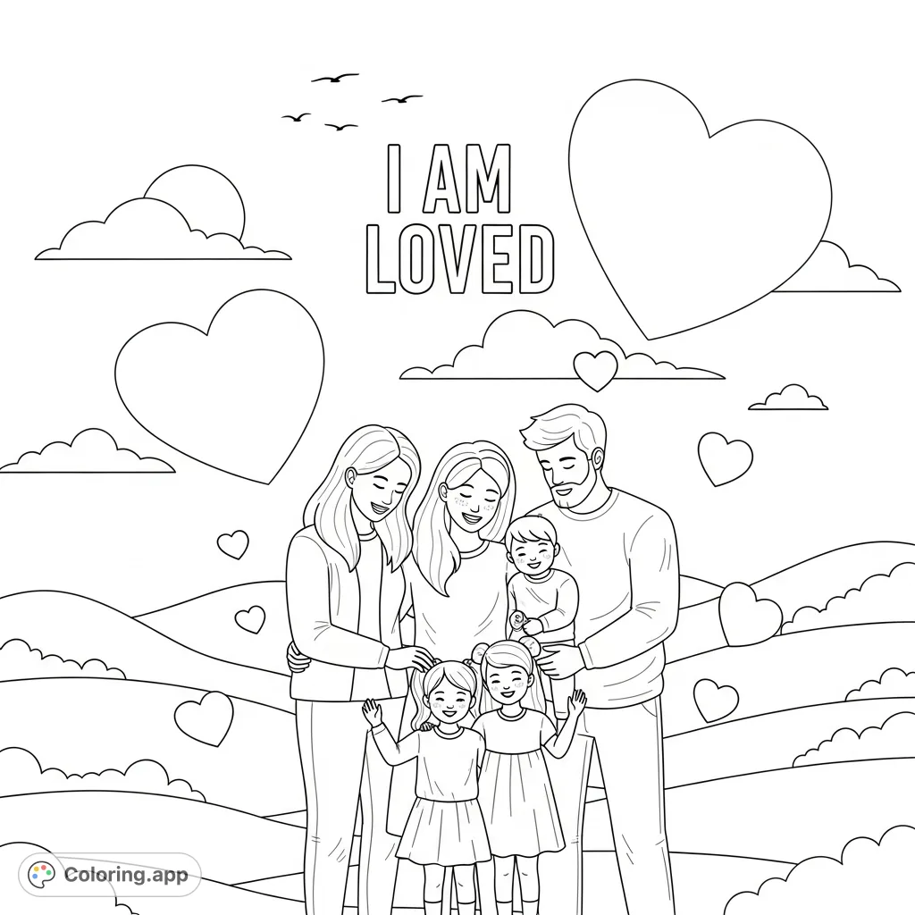 A heartwarming family coloring page featuring parents, children, and numerous hearts, with the affirming message 'I AM LOVED' at its core. Perfect for all ages.