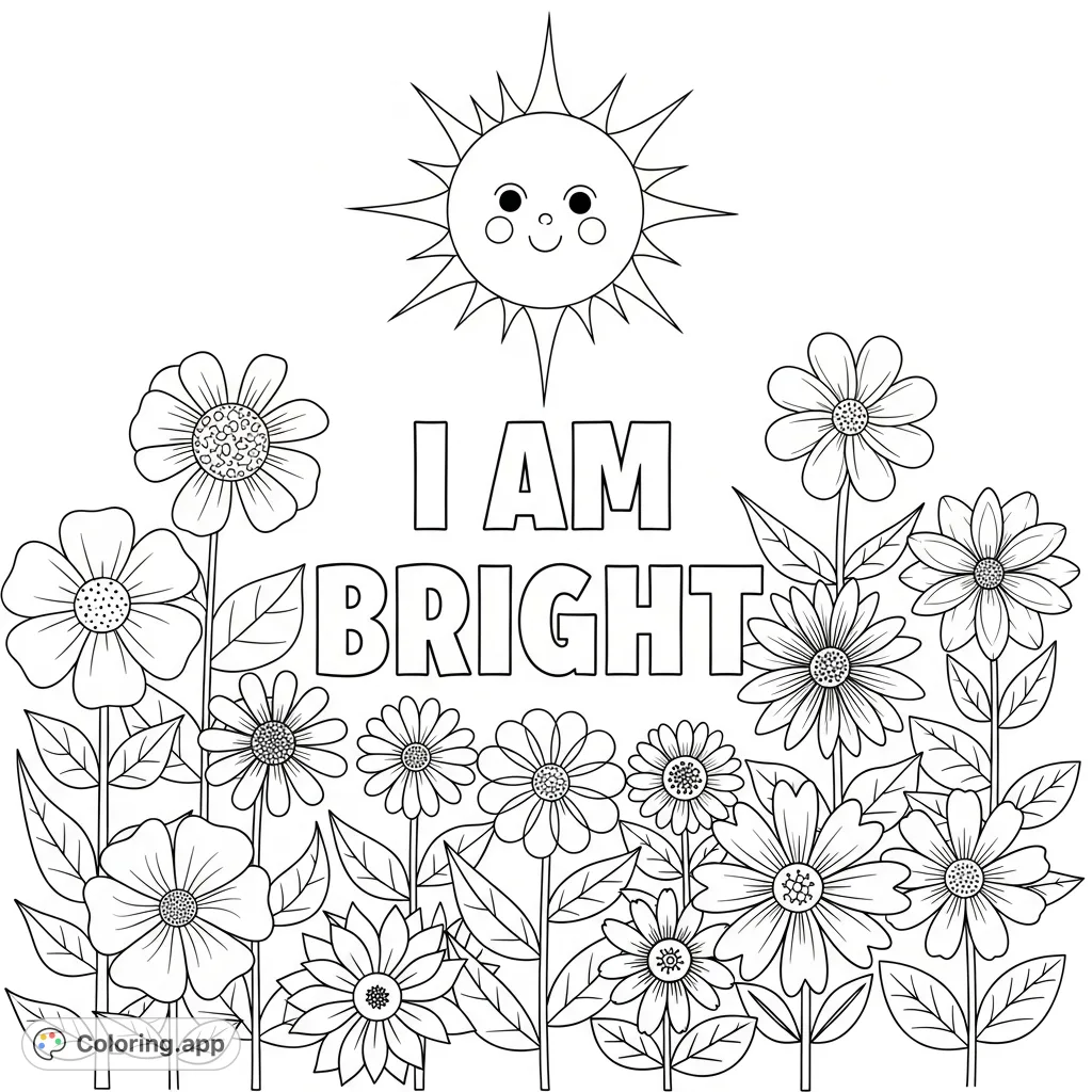 A delightful sun and an array of flowers surround the empowering message "I AM BRIGHT." Perfect for a positive and engaging coloring experience.