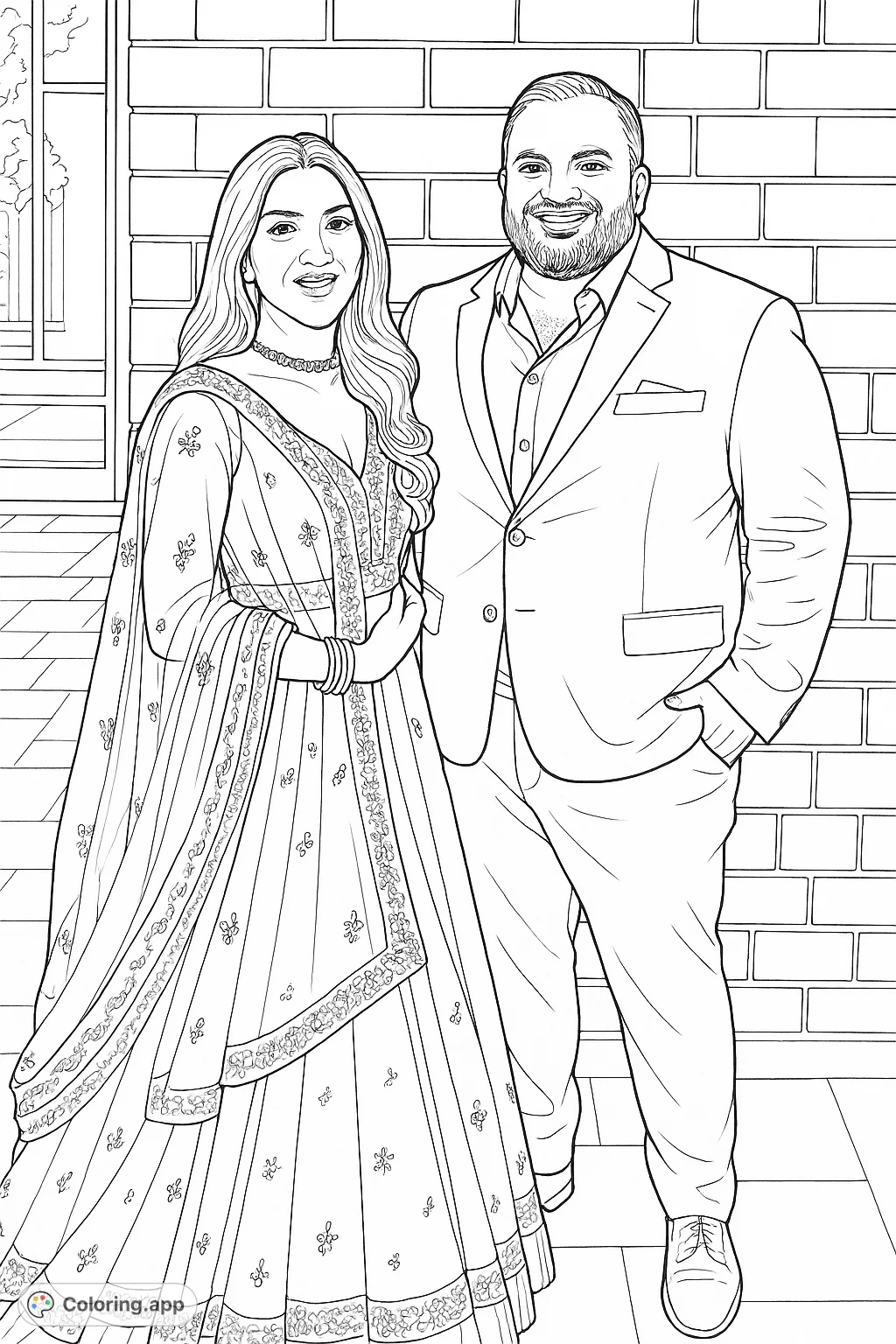 An elegant couple stands in formal attire, featuring intricate garments and a detailed background. Perfect for adult colorists seeking a sophisticated challenge.