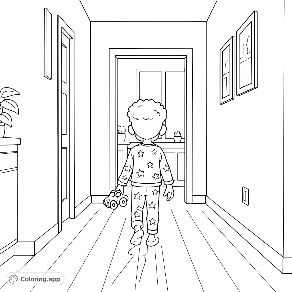 A sweet child in star pajamas holds a toy car, ready for a quiet adventure down a cozy hallway. Perfect for imaginative play and relaxation.