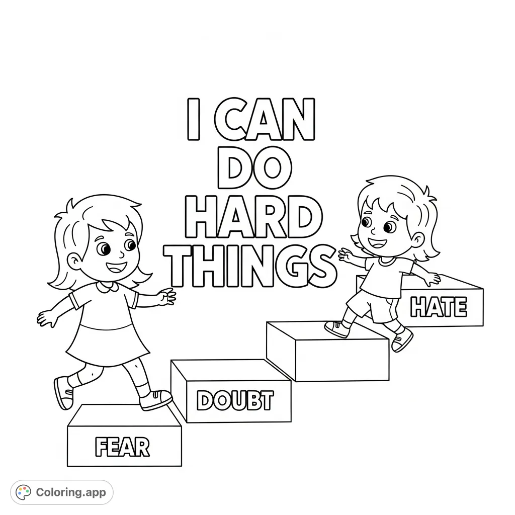 A boy and girl confidently walk over steps labeled fear, doubt, hate, with the empowering message 'I CAN DO HARD THINGS'.