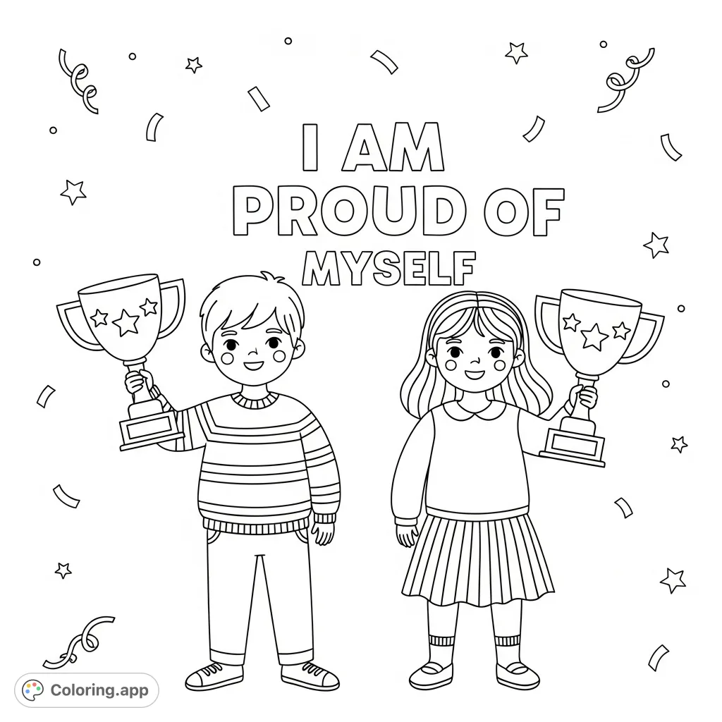 Celebrate success with this inspiring coloring page featuring a smiling boy and girl holding trophies, alongside the motivational phrase "I AM PROUD OF MYSELF".