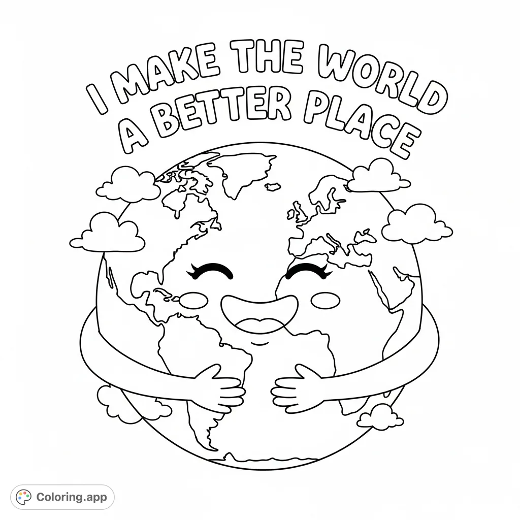 A heartwarming Earth character with a big smile and arms hugging itself, surrounded by the positive message 'I MAKE THE WORLD A BETTER PLACE'. A joyful free printable Earth coloring page.