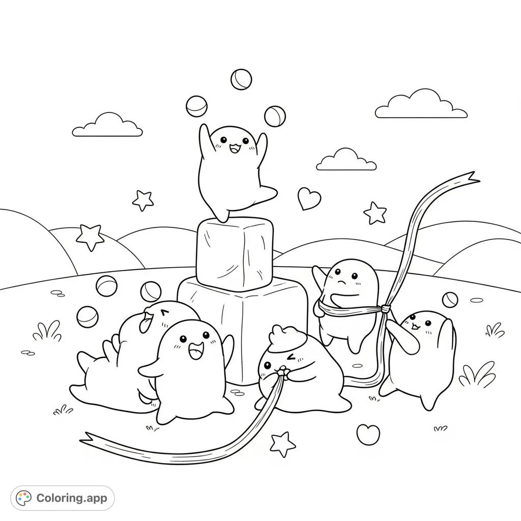 A whimsical coloring page featuring cute, blob-like creatures engaged in playful mischief amidst soft hills and scattered shapes.