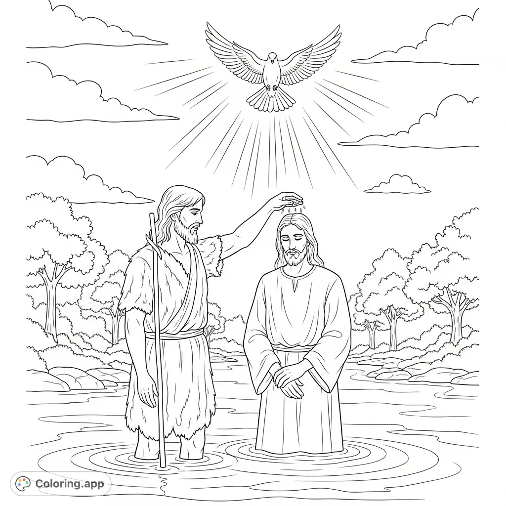 A serene Jesus Is Baptized coloring page depicting John the Baptist, Jesus, and a descending dove in the Jordan River, set against a simple nature background.