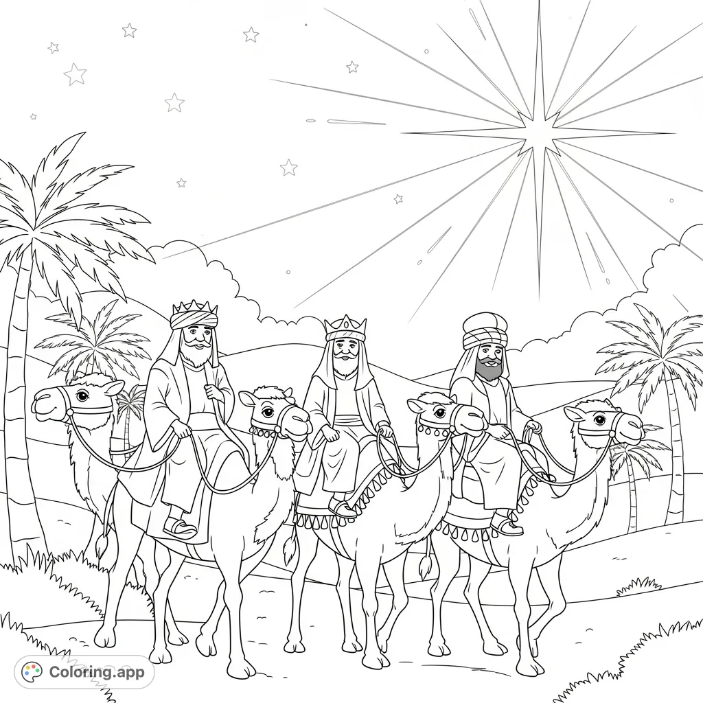 Journey with the wise men on their camels, guided by a brilliant star across a desert landscape. A peaceful nativity coloring page for all ages.