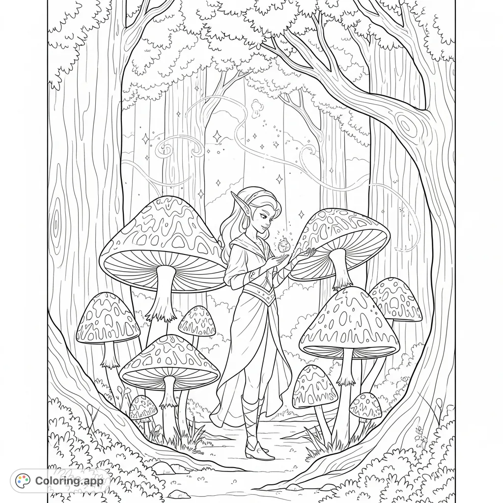 Enter an enchanted forest with a graceful elf and magical mushrooms. A whimsical scene perfect for sparking imagination and creative coloring.