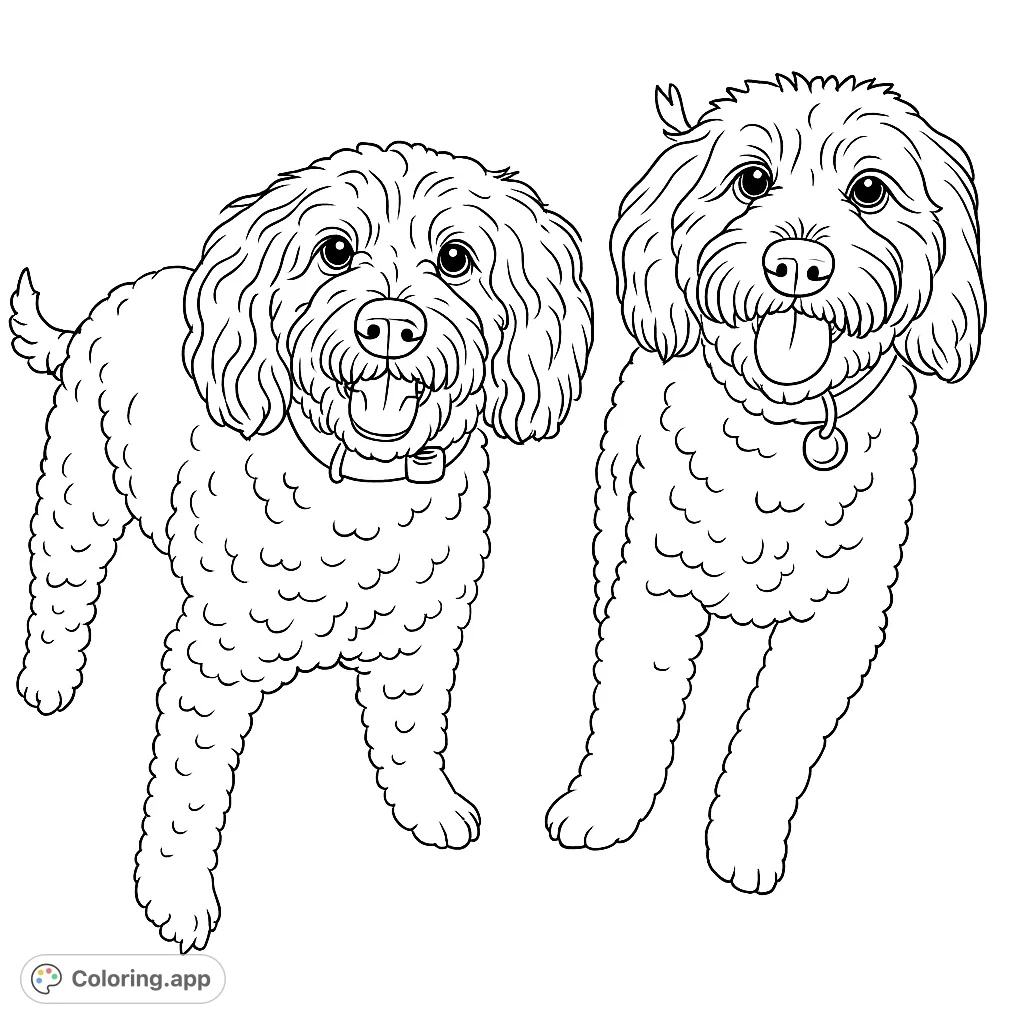 A delightful coloring page featuring two adorable, fluffy dogs with curly fur and expressive faces, perfect for dog lovers of all ages to bring to life.