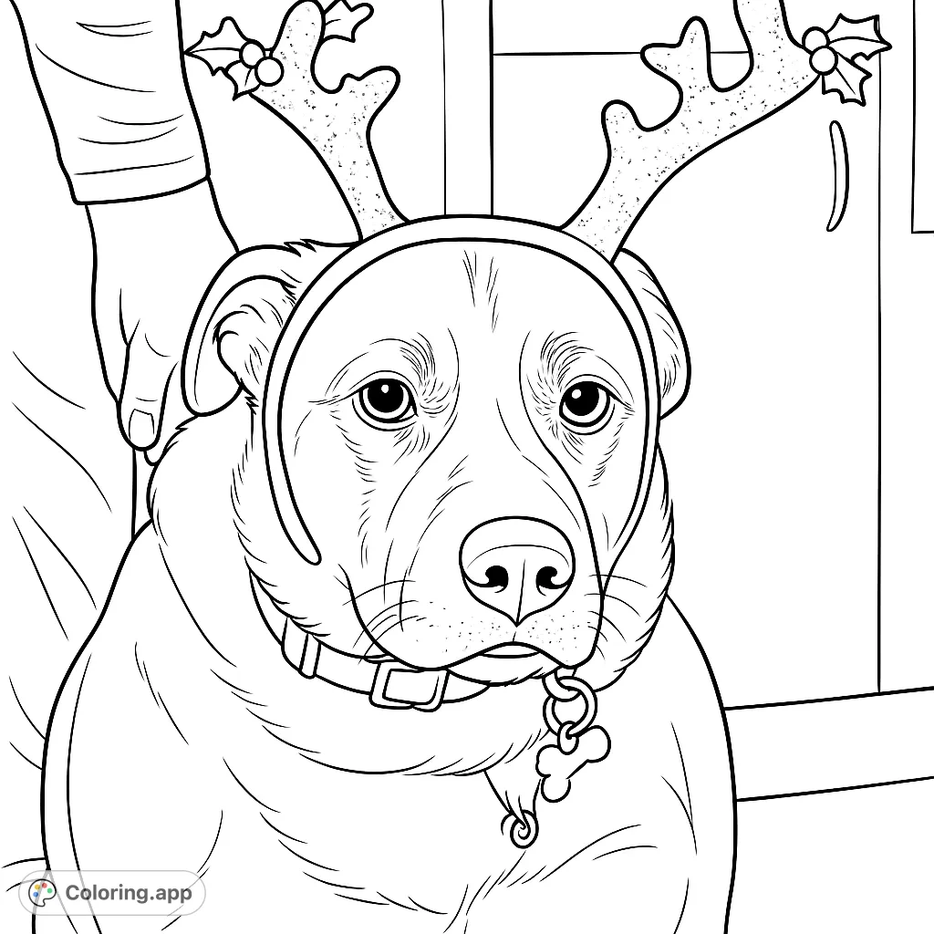 A charming dog wearing a festive antler headband, complete with decorative berries and leaves. Perfect for holiday cheer and animal lovers.