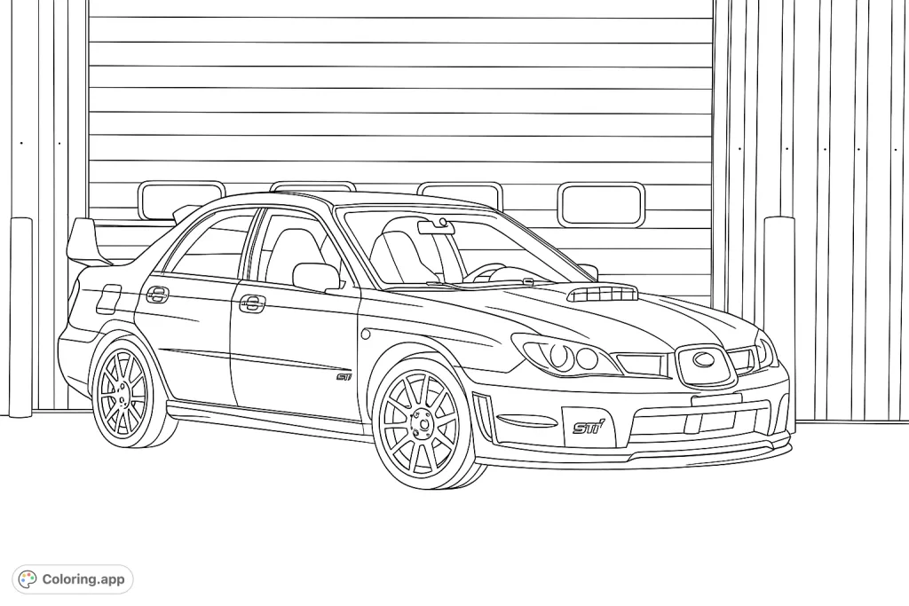 Detailed sport sedan coloring page featuring a prominent spoiler, hood scoop, and multi-spoke wheels, perfect for car enthusiasts.