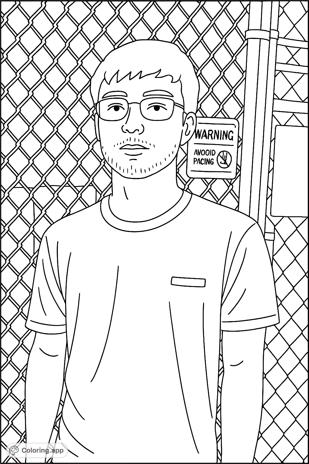 A simple coloring page featuring a young man standing casually in front of a chain-link fence. Perfect for easy coloring and personalization.