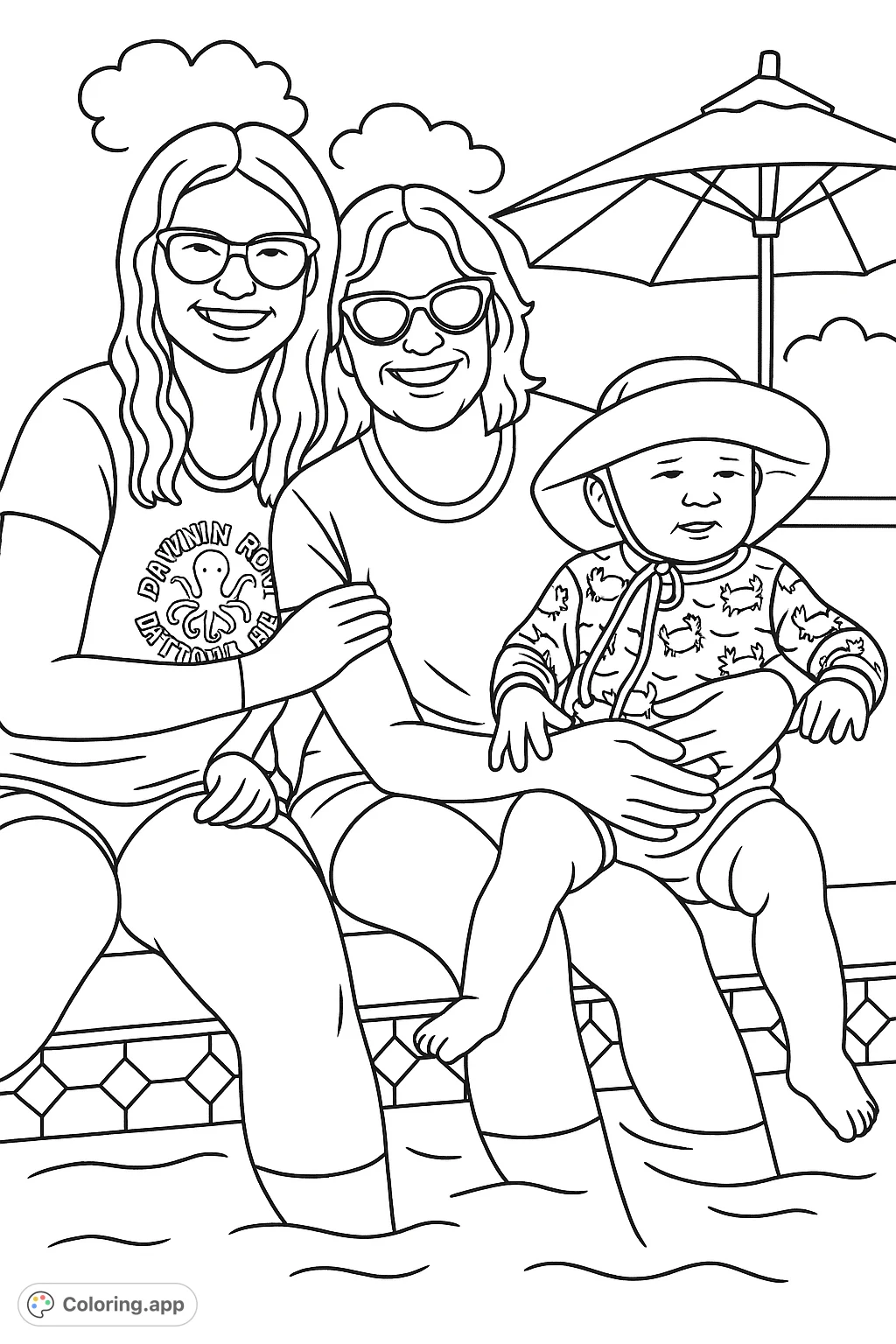 Enjoy a heartwarming family poolside scene with two adults and a smiling baby. A simple, free printable family fun coloring page for all ages.