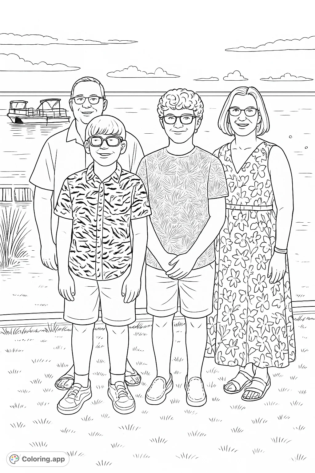 A heartwarming family portrait by the water, featuring two adults and two children, perfect for a relaxing and detailed coloring experience.