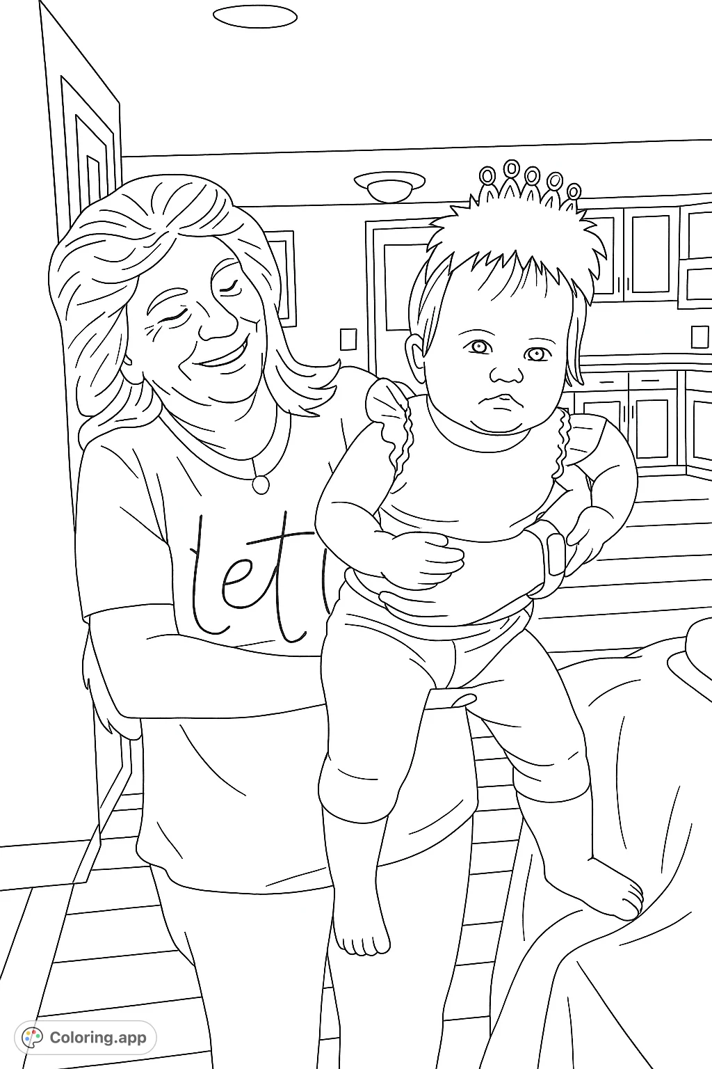 A heartwarming coloring page featuring a smiling woman holding a baby wearing a crown. Perfect for celebrating family bonds and special moments.