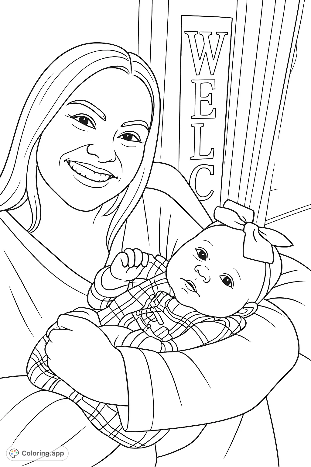 Capture a heartwarming moment with this mother and child coloring page. A smiling woman cradles a sweet baby, perfect for celebrating family bonds and tender affection.
